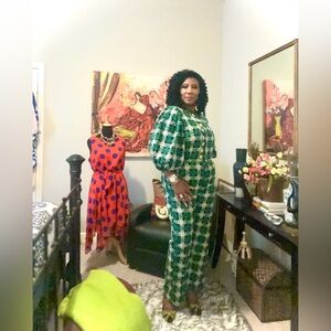 A fantastic jumpsuit, handmade with unique fabric from Nigeria.